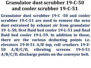 Granulator dust scrubber 19-C-50
and cooler scrubber 19-C-51
Granulator dust scrubber 19-C -50 and cooler
scrubber 19-C-51 are used to remove the urea
dust entrained by exhaust air from granulator
19 -L-50, first fluid bed cooler 19-L-51 and final
fluid bed cooler 19-L-59. In addition to those,
there are the various deducting points i.e.
elevators 19-H-51 A/B top, roll crushers 19-Z-
50 A/B/C/D, vibrating screens 19-S-51
A/B/C/D, discharge points on the conveyor belt.
 
