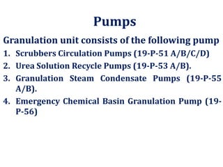 Pumps
Granulation unit consists of the following pump
1. Scrubbers Circulation Pumps (19-P-51 A/B/C/D)
2. Urea Solution Recycle Pumps (19-P-53 A/B).
3. Granulation Steam Condensate Pumps (19-P-55
A/B).
4. Emergency Chemical Basin Granulation Pump (19-
P-56)
 