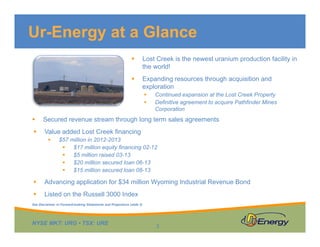 Ur-Energy at a Glance
Lost Creek is the newest uranium production facility in
the world!
E di th h i iti dExpanding resources through acquisition and
exploration
Continued expansion at the Lost Creek Property
Definitive agreement to acquire Pathfinder Mines
C tiCorporation
Secured revenue stream through long term sales agreements
Value added Lost Creek financing
$57 million in 2012 2013$57 million in 2012-2013
$17 million equity financing 02-12
$5 million raised 03-13
$20 million secured loan 06-13
$15 million secured loan 08 13$15 million secured loan 08-13
Advancing application for $34 million Wyoming Industrial Revenue Bond
Listed on the Russell 3000 Index
NYSE MKT: URG • TSX: URE
See Disclaimer re Forward-looking Statements and Projections (slide 2)
3
 