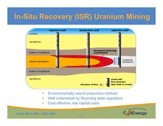 In-Situ Recovery (ISR) Uranium Mining





Environmentally sound production method
Well understood by Wyoming state regulators
Cost effective, low capital costs

NYSE MKT: URG • TSX: URE

13

 