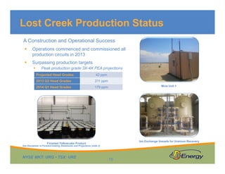 NYSE MKT: URG • TSX: URE
Lost Creek Production Status
Finished Yellowcake Product
15
Mine Unit 1
Ion Exchange Vessels for Uranium Recovery
A Construction and Operational Success
 Operations commenced and commissioned all
production circuits in 2013
 Surpassing production targets
 Peak production grade 3X-4X PEA projections
Projected Head Grades 42 ppm
2013 Q3 Head Grades 211 ppm
2014 Q1 Head Grades 179 ppm
See Disclaimer re Forward-looking Statements and Projections (slide 2)
 