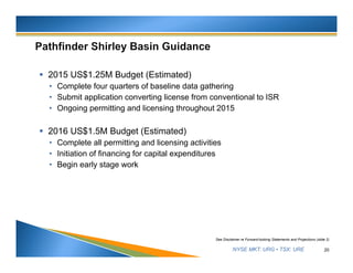 NYSE MKT: URG • TSX: URE
 2015 US$1.25M Budget (Estimated)
• Complete four quarters of baseline data gathering
• Submit application converting license from conventional to ISR
• Ongoing permitting and licensing throughout 2015
 2016 US$1.5M Budget (Estimated)
• Complete all permitting and licensing activities
• Initiation of financing for capital expenditures
• Begin early stage work
20
See Disclaimer re Forward-looking Statements and Projections (slide 2)
 