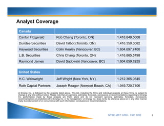 NYSE MKT: URG • TSX: URE
Ur-Energy Inc. is followed by the analysts listed above. This list, including the firms and individual analysts at these firms, is subject to
change at any time without notice. Please note that any opinions, estimates, forecasts, conclusions or recommendations regarding Ur-Energy
Inc. performance made by these analysts are theirs alone and do not represent opinions, estimates, forecasts, conclusions,
recommendations or predictions of Ur-Energy Inc. or its management. Ur-Energy Inc. does not by its reference above or in any other manner
imply its endorsement of or concurrence with such information, conclusions or recommendations.
5
United States
H.C. Wainwright Jeff Wright (New York, NY) 1.212.365.0545
Roth Capital Partners Joseph Reagor (Newport Beach, CA) 1.949.720.7106
Canada
Cantor Fitzgerald Rob Chang (Toronto, ON) 1.416.849.5008
Dundee Securities David Talbot (Toronto, ON) 1.416.350.3082
Haywood Securities Colin Healey (Vancouver, BC) 1.604.697.7400
L.B. Securities Chris Chang (Toronto, ON) 1.416.865.5798
Raymond James David Sadowski (Vancouver, BC) 1.604.659.8255
 