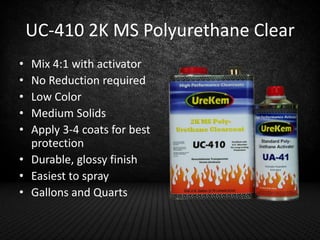 UC-410 2K MS Polyurethane Clear
•
•
•
•
•

Mix 4:1 with activator
No Reduction required
Low Color
Medium Solids
Apply 3-4 ...