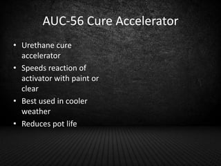 AUC-56 Cure Accelerator
• Urethane cure
accelerator
• Speeds reaction of
activator with paint or
clear
• Best used in cool...