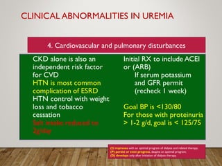 CLINICAL ABNORMALITIES IN UREMIA
(I) improves with an optimal program of dialysis and related therapy;
(P) persist or even progress, despite an optimal program;
(D) develops only after initiation of dialysis therapy.
4. Cardiovascular and pulmonary disturbances
 