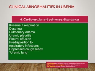 CLINICAL ABNORMALITIES IN UREMIA
(I) improves with an optimal program of dialysis and related therapy;
(P) persist or even progress, despite an optimal program;
(D) develops only after initiation of dialysis therapy.
4. Cardiovascular and pulmonary disturbances
 