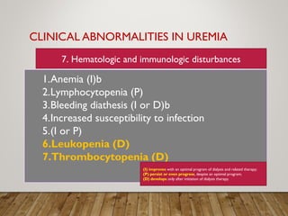 CLINICAL ABNORMALITIES IN UREMIA
1.Anemia (I)b
2.Lymphocytopenia (P)
3.Bleeding diathesis (I or D)b
4.Increased susceptibility to infection
5.(I or P)
6.Leukopenia (D)
7.Thrombocytopenia (D)
(I) improves with an optimal program of dialysis and related therapy;
(P) persist or even progress, despite an optimal program;
(D) develops only after initiation of dialysis therapy.
7. Hematologic and immunologic disturbances
 