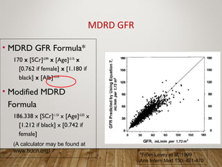 • MDRD GFR Formula*
170 x [SCr]-0.999
x [Age]-0.176
x
[0.762 if female] x [1.180 if
black] x [Alb]+0.318
• Modified MDRD
Formula
186.338 x [SCr]-1.154
x [Age]-0.203
x
[1.212 if black] x [0.742 if
female]
MDRD GFR
*From Levey et al, 1999
Ann Intern Med 130: 461-470
(A calculator may be found at
www.hdcn.org)
 