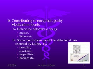 6. Contributing to encephalopathy Medication levels  A- Determine detectabale drugs digoxin,  lithium etc.  B- Some medications cannot be detected & are excreted by kidney. eg,  penicillin, cimetidine,  meperidine,  Baclofen etc. 