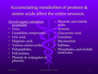 Accumulating metabolites of proteins & amino acids affect the entire neuraxis.   Several organic substances accumulate Urea,  Guanidine compounds,  Uric acid,  Hippuric acid,  Various amino acids, Polypeptides,  Polyamines,  Phenols & conjugates of phenols, Phenolic and indolic acids,  Acetoin,  Glucuronic acid,  Carnitine,  Myoinositol,  Sulfates,  Phosphates, and middle molecules.   