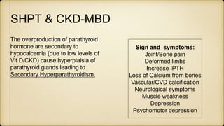 SHPT & CKD-MBD
The overproduction of parathyroid
hormone are secondary to
hypocalcemia (due to low levels of
Vit D/CKD) cause hyperplaisia of
parathyroid glands leading to
Secondary Hyperparathyroidism.
Sign and symptoms:
Joint/Bone pain
Deformed limbs
Increase IPTH
Loss of Calcium from bones
Vascular/CVD calcification
Neurological symptoms
Muscle weakness
Depression
Psychomotor depression
 