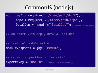 CommonJS (nodejs)
var dep1 = require("../some/path/dep1"),
dep2 = require("../other/path/dep2"),
localDep = require("local...