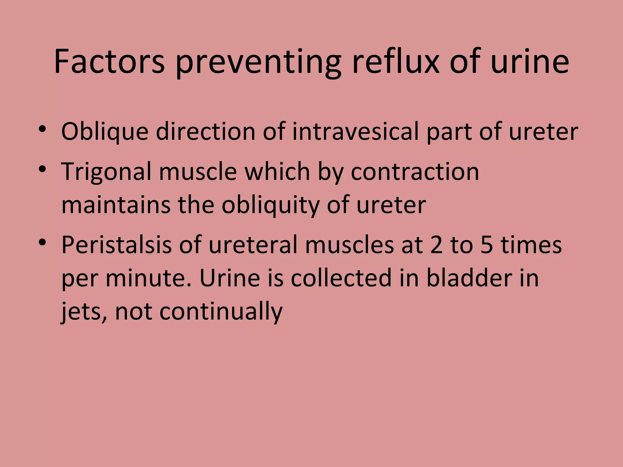 Factors preventing reflux of urine Oblique direction of intravesical part of ureter Trigonal muscle which by contraction maintains the obliquity of ureter Peristalsis of ureteral muscles at 2 to 5 times per minute. Urine is collected in bladder in jets, not continually 