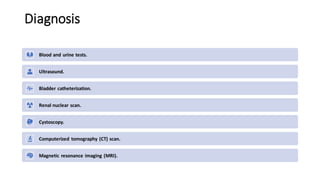Diagnosis
Blood and urine tests.
Ultrasound.
Bladder catheterization.
Renal nuclear scan.
Cystoscopy.
Computerized tomography (CT) scan.
Magnetic resonance imaging (MRI).
 