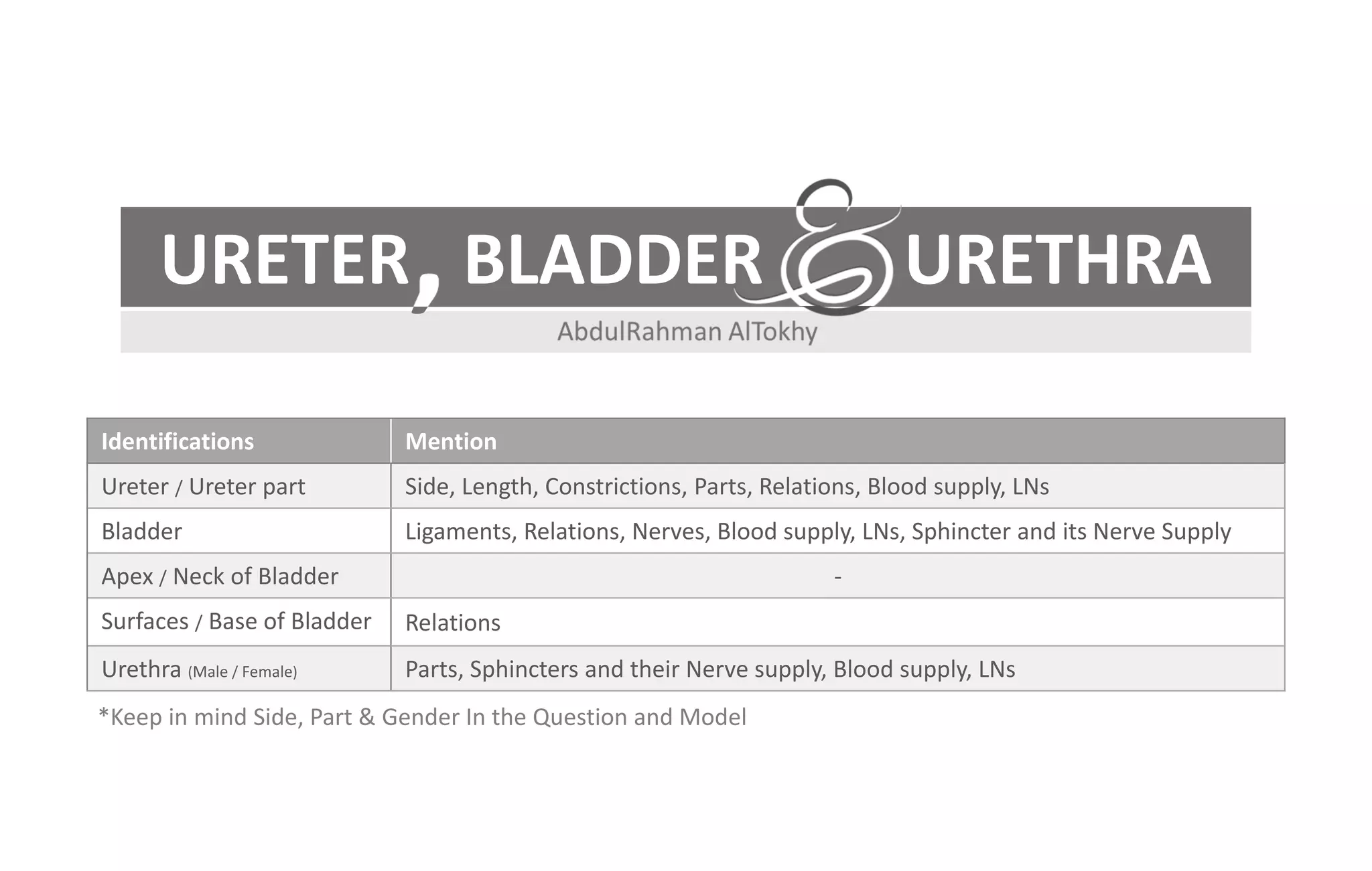 Identifications Mention
Ureter / Ureter part Side, Length, Constrictions, Parts, Relations, Blood supply, LNs
Bladder Ligaments, Relations, Nerves, Blood supply, LNs, Sphincter and its Nerve Supply
Apex / Neck of Bladder -
Surfaces / Base of Bladder Relations
Urethra (Male / Female) Parts, Sphincters and their Nerve supply, Blood supply, LNs
URETER BLADDER URETHRA,
*Keep in mind Side, Part & Gender In the Question and Model
 