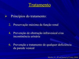 Tratamento Princípios do tratamento: Preservação máxima da função renal Prevenção de obstrução infravesical e/ou incontinência urinária Prevenção e tratamento de qualquer deficiência da parede vesical Merlini, E.;  World Journal of Uroloy , 2004. 