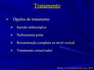 Tratamento Opções de tratamento Incisão endoscópica Nefrectomia polar Reconstrução completa ao nível vesical Tratamento conservador Merlini, E.;  World Journal of Uroloy , 2004. 