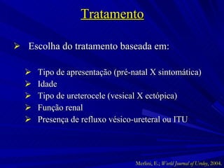 Tratamento Escolha do tratamento baseada em: Tipo de apresentação (pré-natal X sintomática) Idade Tipo de ureterocele (vesical X ectópica) Função renal  Presença de refluxo vésico-ureteral ou ITU Merlini, E.;  World Journal of Uroloy , 2004. 