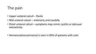 The pain
• Upper ureteral calculi – flanks
• Mid ureteral calculi – anteriorly and caudally
• Distal ureteral calculi – symptoms may mimic cystitis or detrusor
overactivity
• Hematuria(micro/macro) is seen in 85% of patients with colic
 