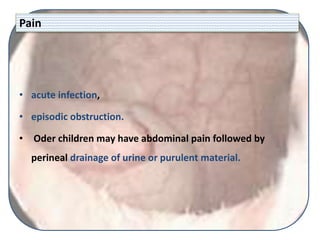 Pain
• acute infection,
• episodic obstruction.
• Oder children may have abdominal pain followed by
perineal drainage of urine or purulent material.
 
