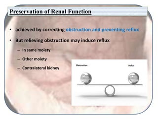 Preservation of Renal Function
• achieved by correcting obstruction and preventing reflux
• But relieving obstruction may induce reflux
– In same moiety
– Other moiety
– Contralateral kidney
 
