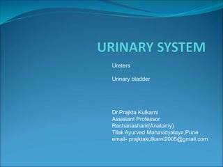 Ureters
Urinary bladder
Dr.Prajkta Kulkarni
Assistant Professor
Rachanasharir(Anatomy)
Tilak Ayurved Mahavidyalaya,Pune
email- prajktakulkarni2005@gmail.com
 