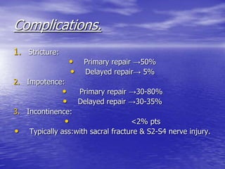 Complications.
1. Stricture:
• Primary repair →50%
• Delayed repair→ 5%
2. Impotence:
• Primary repair →30-80%
• Delayed repair →30-35%
3. Incontinence:
• <2% pts
• Typically ass:with sacral fracture & S2-S4 nerve injury.
 