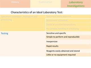 History Examination Laboratory
Investigations
Specimen collection , transport and
processing
Specimens easily obtained
Noninvasive procedure
Stable at ambient temperatures
No complex handling or processing
Testing Sensitive and specific
Simple to perform and reproducible
Inexpensive
Rapid results
Reagents easily obtained and stored
Little or no equipment required
Characteristics of an Ideal Laboratory Test:
 