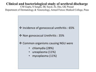 Clinical and bacteriological study of urethral discharge
CM Gupta, S Sanghi, SK Sayal, AL Das, GK Prasad
Department of Dermatology & Venereology, Armed Forces Medical College, Pune
 Incidence of gonococcal urethritis : 65%
 Non gonococcal Urethritis : 35%
 Common organisms causing NGU were
• chlamydia (28%)
• ureaplasma (11%)
• mycoplasma (11%)
 