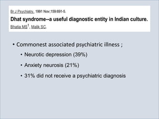 • Commonest associated psychiatric illness ;
• Neurotic depression (39%)
• Anxiety neurosis (21%)
• 31% did not receive a psychiatric diagnosis
 