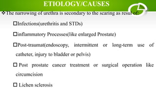 ETIOLOGY/CAUSES
The narrowing of urethra is secondary to the scaring as resul of:
Infections(urethritis and STDs)
inflammatory Processes(like enlarged Prostate)
Post-traumat(endoscopy, intermittent or long-term use of
catheter, injury to bladder or pelvis)
 Post prostate cancer treatment or surgical operation like
circumcision
 Lichen sclerosis
 