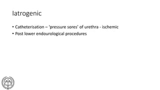 Iatrogenic
• Catheterisation – ‘pressure sores’ of urethra - ischemic
• Post lower endourological procedures
 