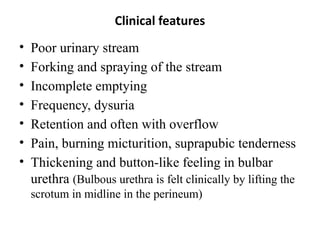 Clinical features
• Poor urinary stream
• Forking and spraying of the stream
• Incomplete emptying
• Frequency, dysuria
• Retention and often with overflow
• Pain, burning micturition, suprapubic tenderness
• Thickening and button-like feeling in bulbar
urethra (Bulbous urethra is felt clinically by lifting the
scrotum in midline in the perineum)
 