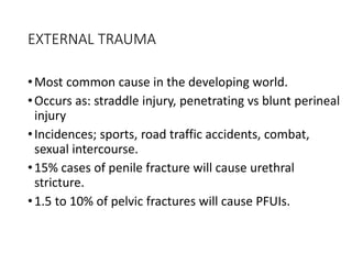 EXTERNAL TRAUMA
•Most common cause in the developing world.
•Occurs as: straddle injury, penetrating vs blunt perineal
injury
•Incidences; sports, road traffic accidents, combat,
sexual intercourse.
•15% cases of penile fracture will cause urethral
stricture.
•1.5 to 10% of pelvic fractures will cause PFUIs.
 