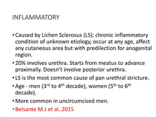 INFLAMMATORY
•Caused by Lichen Sclerosus (LS); chronic inflammatory
condition of unknown etiology, occur at any age, affect
any cutaneous area but with predilection for anogenital
region.
•20% involves urethra. Starts from meatus to advance
proximally. Doesn’t involve posterior urethra.
•LS is the most common cause of pan urethral stricture.
•Age - men (3rd to 4th decade), women (5th to 6th
decade).
•More common in uncircumcised men.
•Belsante M.J et al..2015
 