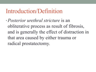Introduction/Definition
•Posterior urethral stricture is an
obliterative process as result of fibrosis,
and is generally the effect of distraction in
that area caused by either trauma or
radical prostatectomy.
 
