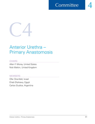 Committee 4
Anterior Urethra – Primary Anastomosis 81
C4
Anterior Urethra –
Primary Anastomosis
ChairS
Allen F
. Morey, United States
Nick Watkin, United Kingdom
Members
Ofer Shenfeld, Israel
Ehab Eltahawy, Egypt
Carlos Giudice, Argentina
 