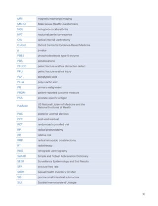 XI
MRI magnetic resonance imaging
MSHQ Male Sexual Health Questionnaire
NGU non-gonococcal urethritis
NPT nocturnal penile tumescence
OIU optical internal urethrotomy
Oxford Oxford Centre for Evidence-Based Medicine
p p-value
PDE5 phosphodiesterase type-5 enzyme
PDS polydioxanone
PFUDD pelvic fracture urethral distraction defect
PFUI pelvic fracture urethral injury
PgA polyglycolic acid
PLLA poly-L-lactic acid
PR primary realignment
PROM patient-reported outcome measure
PSA prostate-specific antigen
PubMed
US National Library of Medicine and the
National Institutes of Health
PUS posterior urethral stenosis
PVR post-void residual
RCT randomized controlled trial
RP radical prostatectomy
RR relative risk
RRP radical retropubic prostatectomy
RT radiotherapy
RUG retrograde urethrography
SaRAD Simple and Robust Abbreviation Dictionary
SEER Surveillance Epidemiology and End Results
SFR stricture-free rate
SHIM Sexual Health Inventory for Men
SIS porcine small intestinal submucosa
SIU Société Internationale d’Urologie
 