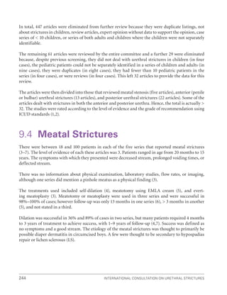 International Consultation on Urethral Strictures
244
In total, 447 articles were eliminated from further review because they were duplicate listings, not
about strictures in children, review articles, expert opinion without data to support the opinion, case
series of  10 children, or series of both adults and children where the children were not separately
identifiable.
The remaining 61 articles were reviewed by the entire committee and a further 29 were eliminated
because, despite previous screening, they did not deal with urethral strictures in children (in four
cases), the pediatric patients could not be separately identified in a series of children and adults (in
nine cases), they were duplicates (in eight cases), they had fewer than 10 pediatric patients in the
series (in four cases), or were reviews (in four cases). This left 32 articles to provide the data for this
review.
The articles were then divided into those that reviewed meatal stenosis (five articles), anterior (penile
or bulbar) urethral strictures (13 articles), and posterior urethral strictures (22 articles). Some of the
articles dealt with strictures in both the anterior and posterior urethra. Hence, the total is actually 
32. The studies were rated according to the level of evidence and the grade of recommendation using
ICUD standards (1,2).
9.4 Meatal Strictures
There were between 18 and 100 patients in each of the five series that reported meatal strictures
(3–7). The level of evidence of each these articles was 3. Patients ranged in age from 20 months to 15
years. The symptoms with which they presented were decreased stream, prolonged voiding times, or
deflected stream.
There was no information about physical examination, laboratory studies, flow rates, or imaging,
although one series did mention a pinhole meatus as a physical finding (3).
The treatments used included self-dilation (4), meatotomy using EMLA cream (5), and evert-
ing meatoplasty (3). Meatotomy or meatoplasty were used in three series and were successful in
98%–100% of cases; however follow-up was only 13 months in one series (6),  3 months in another
(5), and not stated in a third.
Dilation was successful in 36% and 89% of cases in two series, but many patients required 4 months
to 3 years of treatment to achieve success, with 1–9 years of follow-up (4,7). Success was defined as
no symptoms and a good stream. The etiology of the meatal strictures was thought to primarily be
possible diaper dermatitis in circumcised boys. A few were thought to be secondary to hypospadias
repair or lichen sclerosus (LS).
 