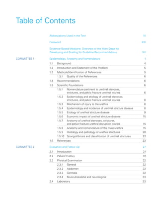 Table of Contents
Abbreviations Used in the Text IX
ForewordXIII
	
Evidence-Based Medicine: Overview of the Main Steps for
Developing and Grading for Guideline Recommendations XV
Committee 1 Epidemiology, Anatomy and Nomenclature 1
1.1 Background 4
1.2	
Introduction and Statement of the Problem 5
1.3	
Methods/Identification of References 5
1.3.1 Quality of the References 6
1.4 Recommendations 6
1.5 Scientific Foundations 6
1.5.1	
Nomenclature pertinent to urethral stenoses,
strictures, and pelvic fracture urethral injuries 6
1.5.2	
Epidemiology and etiology of urethral stenoses,
strictures, and pelvic fracture urethral injuries 8
1.5.3 Mechanism of injury to the urethra 8
1.5.4 Epidemiology and incidence of urethral stricture disease 8
1.5.5 Etiology of urethral stricture disease 9
1.5.6 Economic impact of urethral stricture disease 15
1.5.7	
Anatomy of urethral stenoses, strictures,
and pelvic fracture urethral disruption injuries 15
1.5.8 Anatomy and nomenclature of the male urethra 15
1.5.9 Histology and pathology of urethral strictures 20
1.5.10 Spongiofibrosis and classification of urethral strictures 22
1.6 References 23
Committee 2 Evaluation and Follow-Up 27
2.1 Introduction 31
2.2 Patient History 31
2.3 Physical Examination 32
2.3.1 General 32
2.3.2 Abdomen 32
2.3.3 Genitalia 32
2.3.4 Musculoskeletal and neurological 33
2.4 Laboratory 33
 