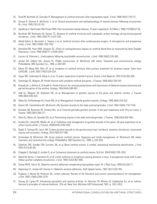 International Consultation on Urethral Strictures
24
25. Duel BP, Barthold JS, Gonzalez R. Management of urethral strictures after hypospadias repair. J Urol. 1998;160(1):170-171.
26. Persad R, Sharma S, McTavish J, et al. Clinical presentation and pathophysiology of meatal stenosis following circumcision.
Br J Urol. 1995;75(1):91-93.
27. Upadhyay V, Hammodat HM, Pease PWB. Post circumcision meatal stenosis: 12 years’ experience. N Z Med J. 1998;111(1060):57-58.
28. Buchholz NP, Riehmann M, Gasser TC. Absence of urethral strictures with suprapubic urinary drainage during extracorporeal
circulation. J Urol. 1993;150(2 Pt 1):337-339.
29. Abdel-Hakim A, Bernstein J, Teijeira J et al. Urethral stricture after cardiovascular surgery: A retrospective and prospective
study. J Urol. 1983;130(6):1100-1102.
30. Bamshad BR, Poon MW, Stewart SC. Effect of cardiopulmonary bypass on urethral blood flow as measured by laser Doppler
flowmetry. J Urol. 1998;160(6 Pt 1):2030-2032.
31. Levine LA, Elterman L. Urethroplasty following total phallic reconstruction. J Urol. 1998;160(2):378-382.
32. Jordan GH, Gilbert DA, Jensen PL. Phallic construction. In: McAninch JW, editor. Traumatic and reconstructive urology.
Philadelphia: WB Saunders Co.; 1996. p. 683-691.
33. Elliott SP, Meng MV, Elkin EP, et al. Incidence of urethral stricture after primary treatment for prostate cancer: Data from
CaPSURE. J Urol. 2007;178(2):529-534.
34. Uygur MC, Gulerkaya B, Altug U, et al. 13 years’ experience of penile fracture. Scand J Urol Nephrol. 1997;31(3):265-266.
35. Gottenger EE, Wagner JR. Penile fracture with complete urethral disruption. J Trauma. 2000;49(2):339-341.
36. Kowalczyk J, Athens A, Grimaldi A. Penile fracture: An unusual presentation with lacerations of bilateral corpora cavernosa and
partial disruption of the urethra. Urology. 1994;44(4):599-601.
37. Hall SJ, Wagner JR, Edelstein RA, et al. Management of gunshot injuries to the penis and anterior urethra. J Trauma.
1995;38(3):439-443.
38. Miles BJ, Poffenberger RJ, Farah RN, et al. Management of penile gunshot wounds. Urology. 1990;36(4):318-332.
39. Gomez RG, Castanheira AC, McAninch JW. Gunshot wounds to the male external genitalia. J Urol. 1993;150(4):1147-1149.
40. Brandes SB, Buckman RF, Chelsky MJ, et al. External genitalia gunshot wounds: A ten-year experience with fifty-six cases. J
Trauma. 1995;39(2):266-271.
41. Cline KJ, Mata JA, Venable DD, et al. Penetrating trauma to the male external genitalia. J Trauma. 1998;44(3):492-494.
42. Kunkle DA, Lebed BD, Mydlo JH, et al. Evaluation and management of gunshot wounds of the penis: 20-year experience at an
urban trauma center. J Trauma. 2008;64(4):1038-1042.
43. Najibi S, Tannast M, Latini JM. Civilian gunshot wounds to the genitourinary tract: Incidence, anatomic distribution, associated
injuries and outcomes. Urology. 2010;76(4):977-982.
44. Armenakas N, McAninch JW. Acute anterior urethral injuries: Diagnosis and initial management. In: McAninch JW, editor.
Traumatic and reconstructive urology. Philadelphia: WB Saunders Co.; 1996. p. 543-550.
45. Goldman SM, Sandler CM, Corriere JN, et al. Blunt urethral trauma: A unified, anatomical mechanical classification. J Urol.
1997;157(1):85-89.
46. Chapple C, Barbagli G, Jordan G, et al. Consensus statement on urethral trauma. BJU Int. 2004;93(9):1195-1202.
47. Meuli M, Briner J, Hanimann B, et al. Lichen sclerosis et atrophicus causing phimosis in boys: A prospective study with 5-year
follow up after complete circumcision. J Urol. 1994;152(3):967-989.
48. Kumar MVK, Harris DL. Balanitis xerotica obliterans complicating hypospadias repair. Br J Plast Surg. 1999;52(1):69-71.
49. Akporiaye LE, Jordan GH, Devine CJ. Balanitis xerotica obliterans. AUA Update Series. 1997;16(21):162-165.
50. Pugliese J, Morey AF, Peterson AC. Lichen sclerosis: Review of the literature and current recommendations for management.
J Urol. 2007;178(6):2268-2276.
51. Taurog JD, Lipsky PE. Ankylosing spondylitis and reactive arthritis. In: Harrison TR, Wilson JD, Isselbacher KJ, et al., editors.
Harrison’s principles of internal medicine. 12th ed. New York: McGraw-Hill Professional; 1991. p. 1451-1453.
 