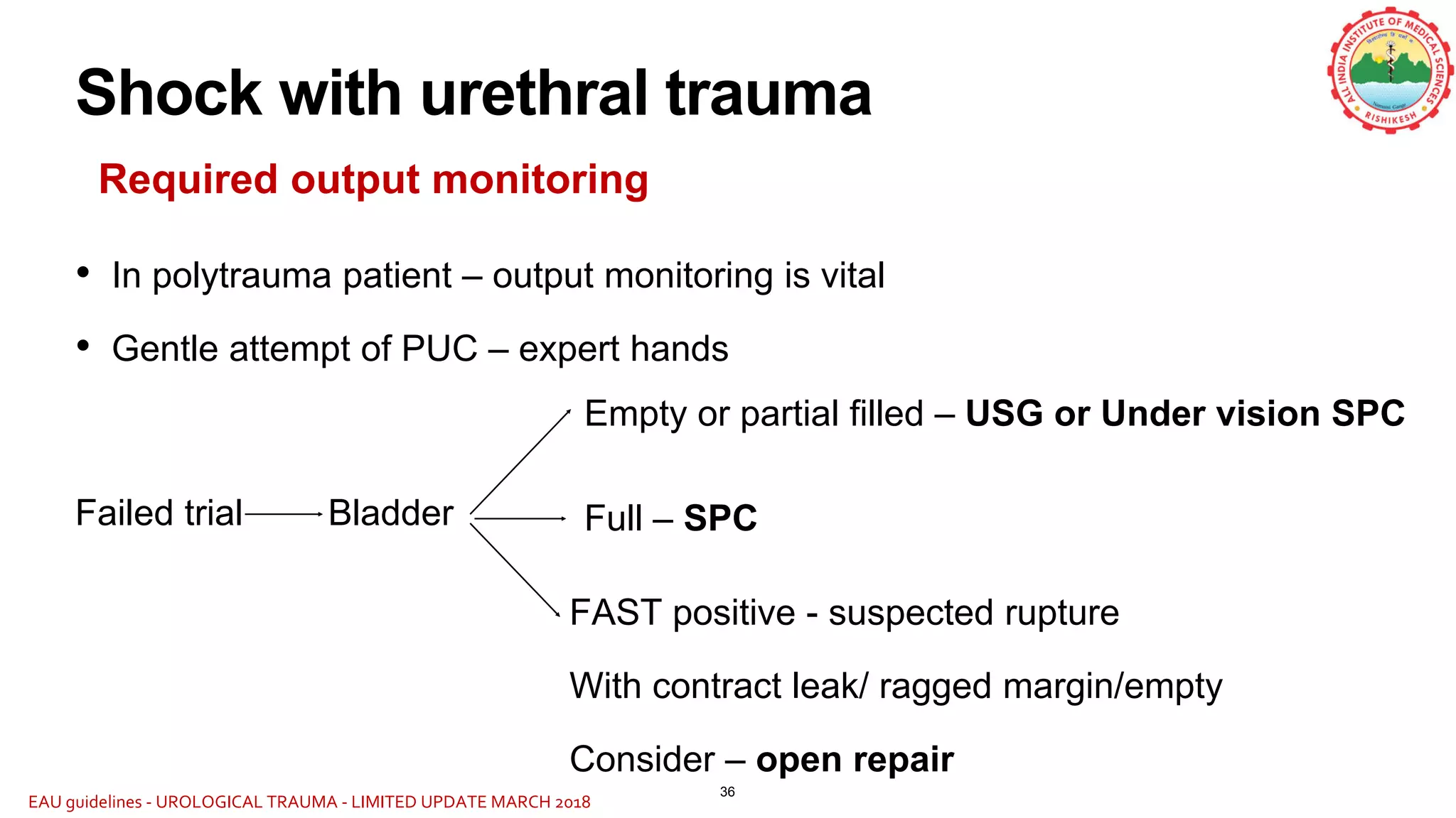 Shock with urethral trauma
Required output monitoring
• In polytrauma patient – output monitoring is vital
• Gentle attempt of PUC – expert hands
Failed trial Bladder Full – SPC
Empty or partial filled – USG or Under vision SPC
FAST positive - suspected rupture
With contract leak/ ragged margin/empty
Consider – open repair
36
EAU guidelines - UROLOGICAL TRAUMA - LIMITED UPDATE MARCH 2018
 