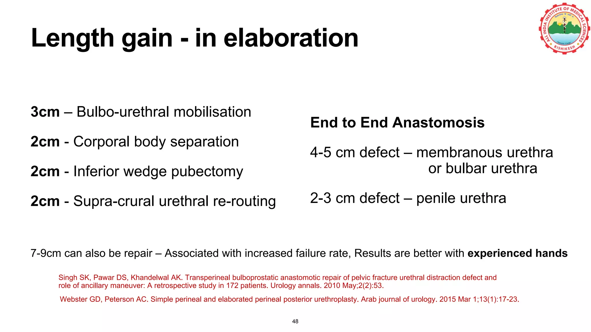 Length gain - in elaboration
3cm – Bulbo-urethral mobilisation
2cm - Corporal body separation
2cm - Inferior wedge pubectomy
2cm - Supra-crural urethral re-routing
48
End to End Anastomosis
4-5 cm defect – membranous urethra
or bulbar urethra
2-3 cm defect – penile urethra
7-9cm can also be repair – Associated with increased failure rate, Results are better with experienced hands
Webster GD, Peterson AC. Simple perineal and elaborated perineal posterior urethroplasty. Arab journal of urology. 2015 Mar 1;13(1):17-23.
Singh SK, Pawar DS, Khandelwal AK. Transperineal bulboprostatic anastomotic repair of pelvic fracture urethral distraction defect and
role of ancillary maneuver: A retrospective study in 172 patients. Urology annals. 2010 May;2(2):53.
 