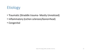 Etiology
• Traumatic (Straddle trauma- Mostly Unnoticed)
• Inflammatory (Lichen sclerosis/Gonorrheal)
• Congenital
Dept Of Urology, KMC and GRH, Chennai 12
 