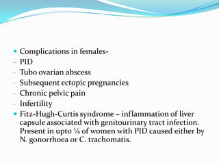 


Complications in femalesPID
Tubo ovarian abscess
Subsequent ectopic pregnancies
Chronic pelvic pain
Infertility
Fitz-Hugh-Curtis syndrome – inflammation of liver
capsule associated with genitourinary tract infection.
Present in upto ¼ of women with PID caused either by
N. gonorrhoea or C. trachomatis.

 