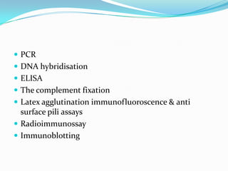  PCR
 DNA hybridisation
 ELISA
 The complement fixation

 Latex agglutination immunofluoroscence & anti

surface pili assays
 Radioimmunossay
 Immunoblotting

 