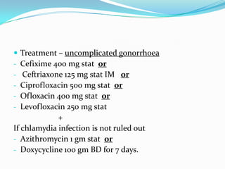 
-

Treatment – uncomplicated gonorrhoea
Cefixime 400 mg stat or
Ceftriaxone 125 mg stat IM or
Ciprofloxacin 500 mg stat or
Ofloxacin 400 mg stat or
Levofloxacin 250 mg stat
+
If chlamydia infection is not ruled out
- Azithromycin 1 gm stat or
- Doxycycline 100 gm BD for 7 days.

 