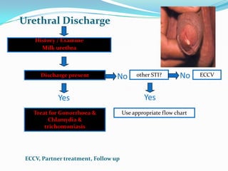 Urethral Discharge
History / Examine
Milk urethra

Discharge present

No

Yes
Treat for Gonorrhoea &
Chlamydia &
trichomoniasis

ECCV, Partner treatment, Follow up

other STI?

No

Yes
Use appropriate flow chart

ECCV

 
