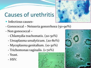 Causes of urethritis
 Infectious causes-

- Gonococcal – Neisseria gonorrhoea (50-90%)
- Non gonococcal –
- Chlamydia trachomatis. (20-50%)
- Ureaplasma urealyticum. (20-80%)
- Mycoplasma genitalium. (10-30%)
- Trichomonas vaginalis. (1-70%)
- Yeast.
- HSV.

 